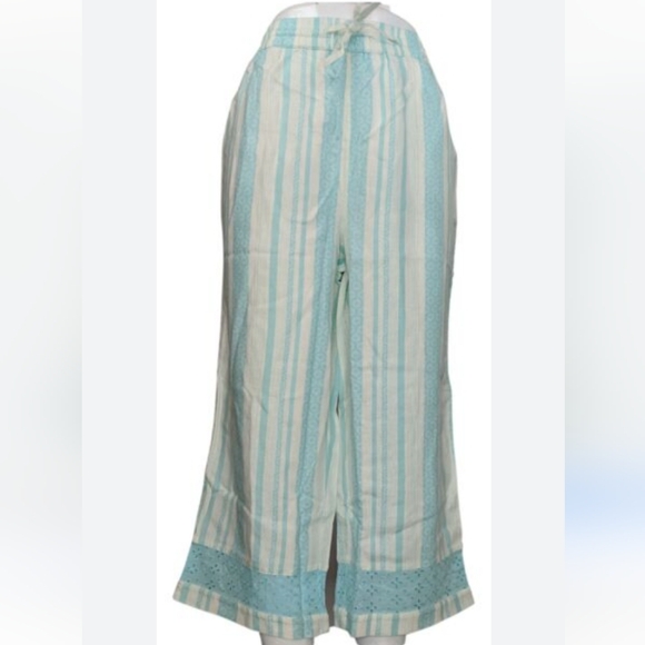 NATURALS DECO TEAL BLUE & WHITE DESIGN LINEN BLEND CROPPED PANTS SZ 1X - Picture 2 of 7